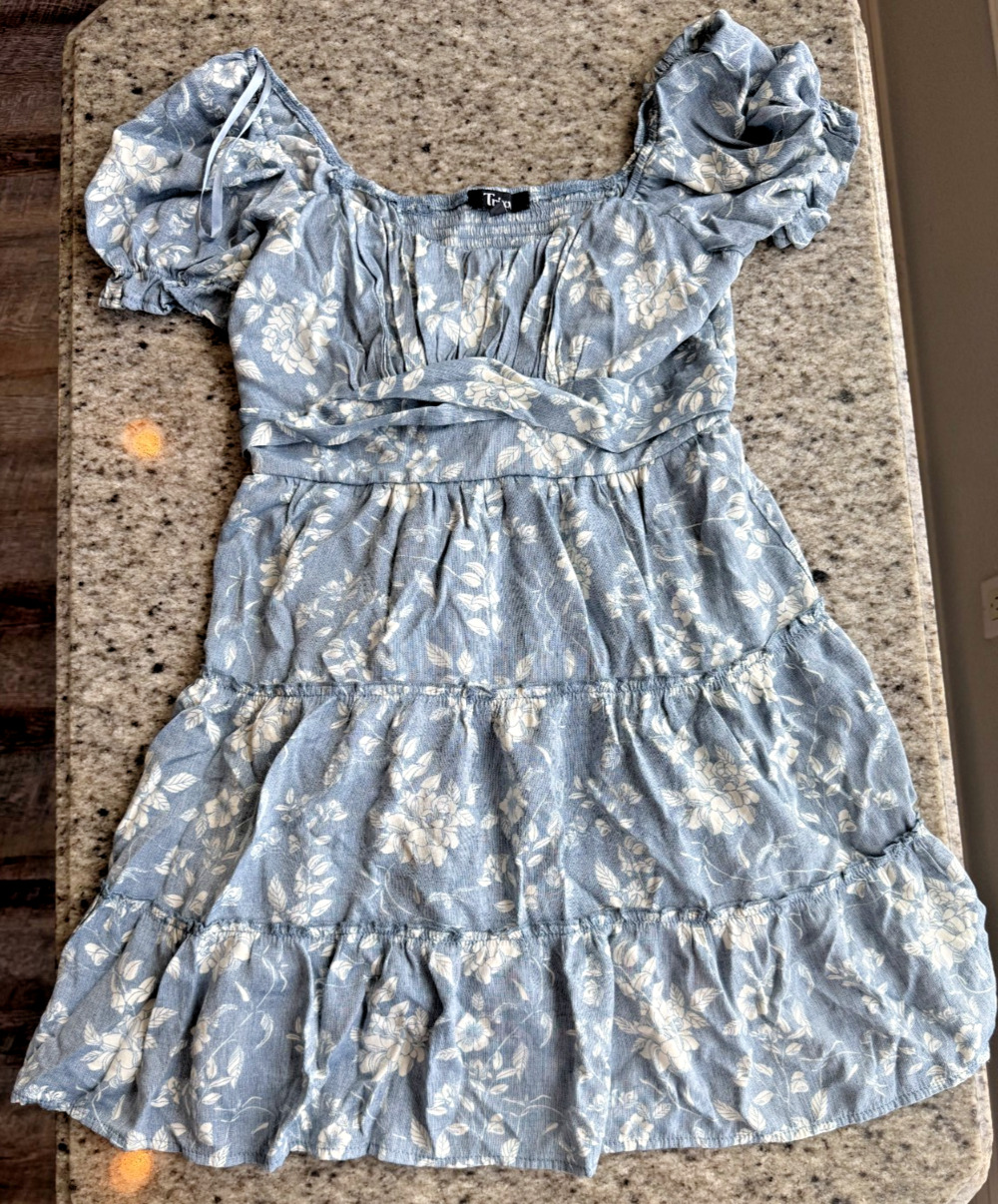 Trixxi Women’s Large Blue White Floral Mini Dress Puff Sleeve Tiered Cottagecore